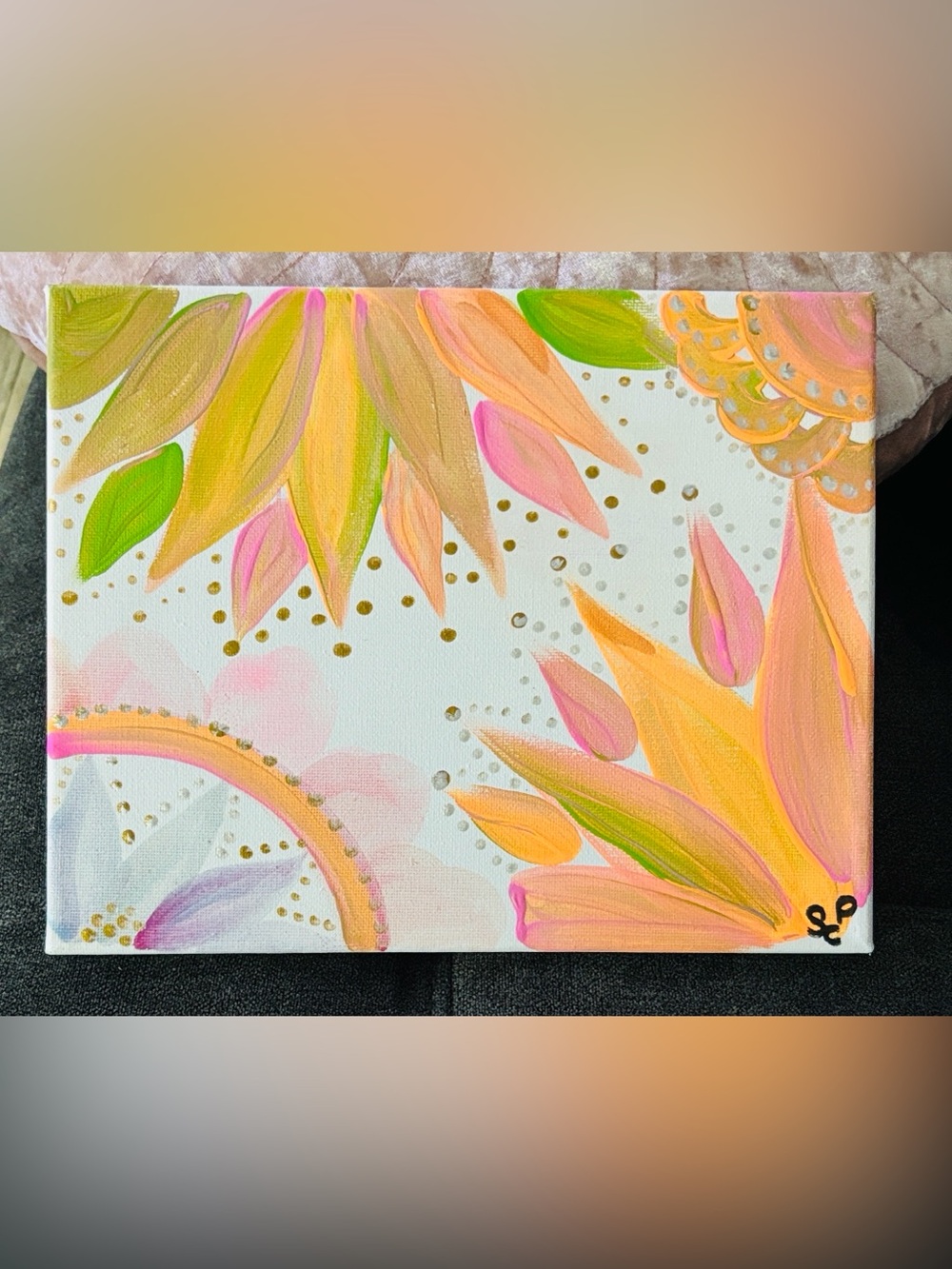 Neon Sunset lilies-Floral Painting in Peach, Pink, Green & Gold-handpainted